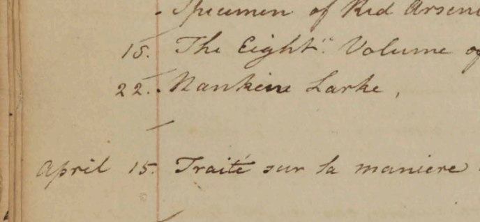 Peale Museum Accessions Book, 22 March 1814